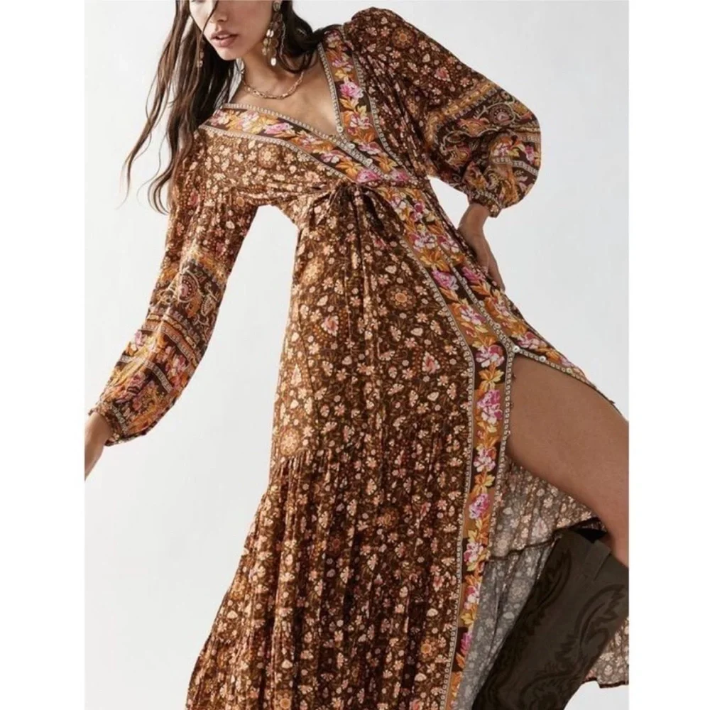 NWT💫Exclusive💫 Spell/Free People Madame Peacock Button Thru Gown in Coffee med - Picture 4 of 12